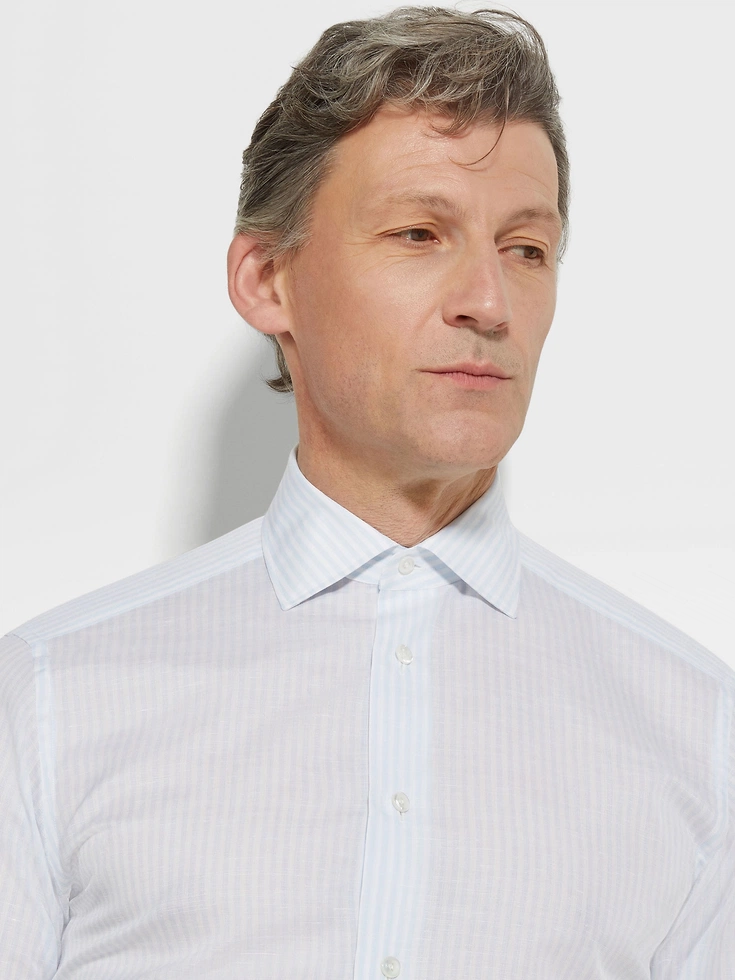 Camicia Centoventimila in cotone e lino a righe azzurre e bianche