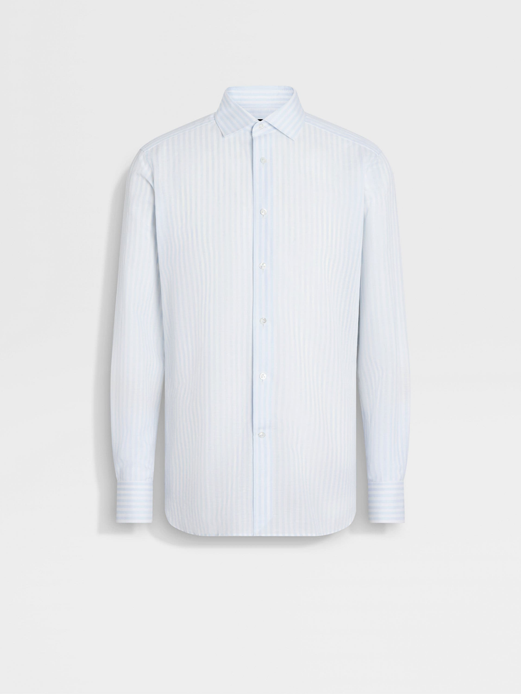 Camicia Centoventimila in cotone e lino a righe macro bianche e azzurre