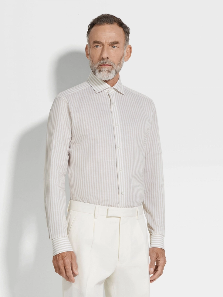Camicia Centoventimila in cotone e lino a righe macro bianco e tortora chiaro Camicia Centoventimila in cotone e lino a righe macro bianco e tortora chiaro