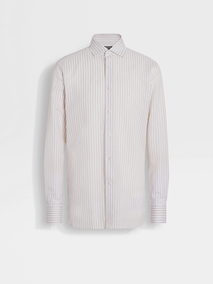 Camicia Centoventimila in cotone e lino a righe macro bianco e tortora chiaro