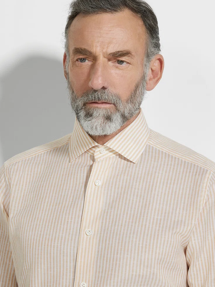 Camicia Centoventimila in cotone e lino a righe ocra e bianche
