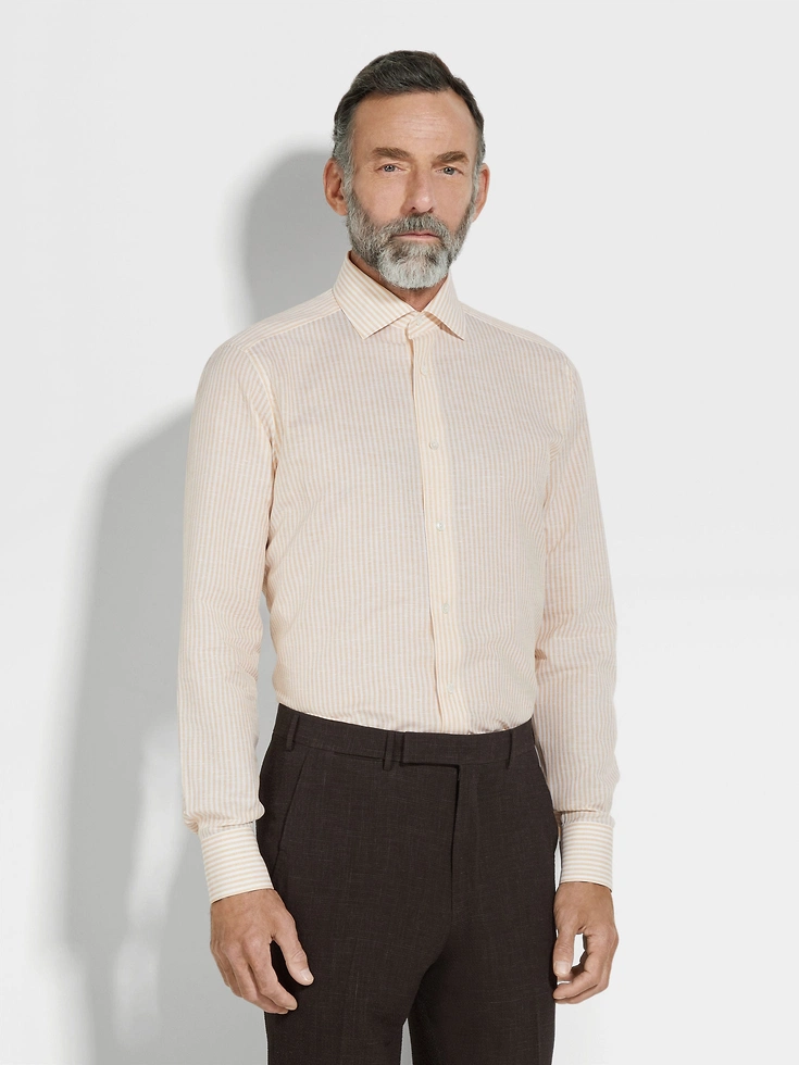 Camicia Centoventimila in cotone e lino a righe ocra e bianche Camicia Centoventimila in cotone e lino a righe ocra e bianche