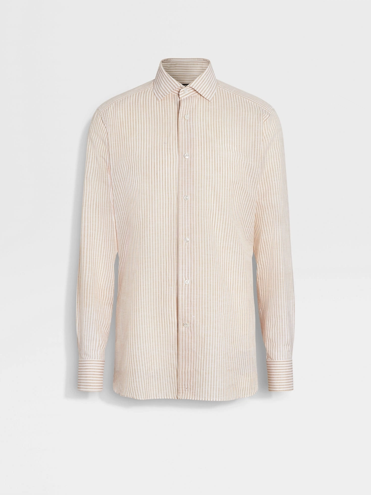 Camicia Centoventimila in cotone e lino a righe ocra e bianche