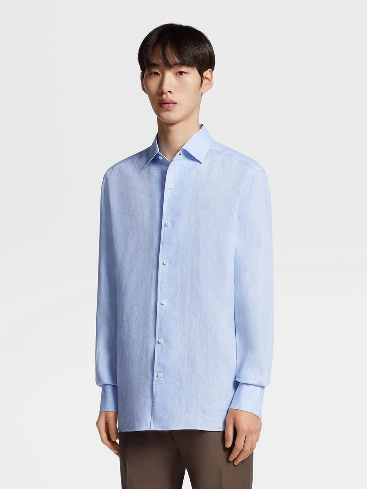 Camicia a maniche lunghe in puro lino azzurro