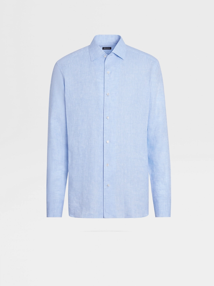 Camicia a maniche lunghe in puro lino azzurro