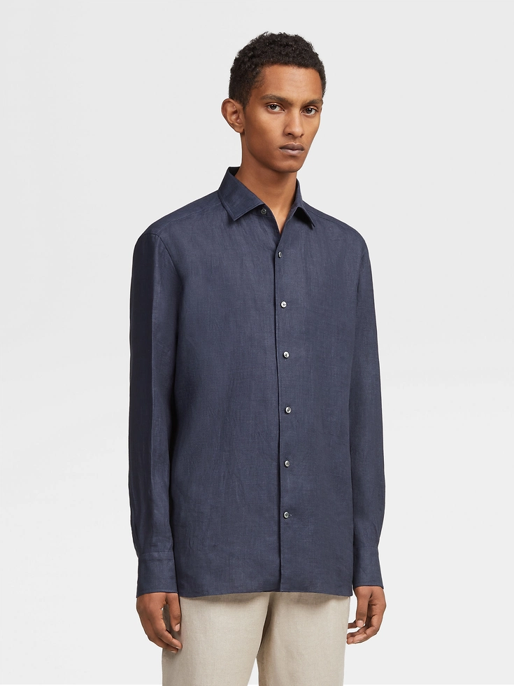 Camicia a maniche lunghe in puro lino blu navy