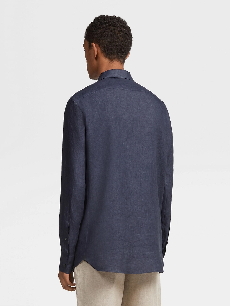 Camicia a maniche lunghe in puro lino blu navy Camicia a maniche lunghe in puro lino blu navy