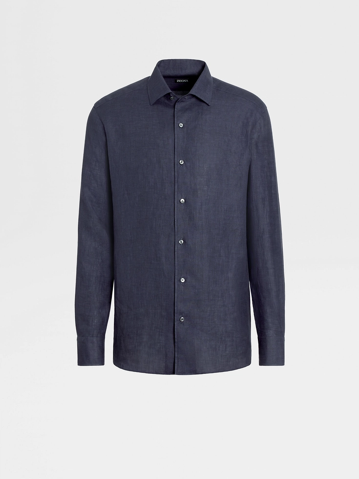 Camicia a maniche lunghe in puro lino blu navy