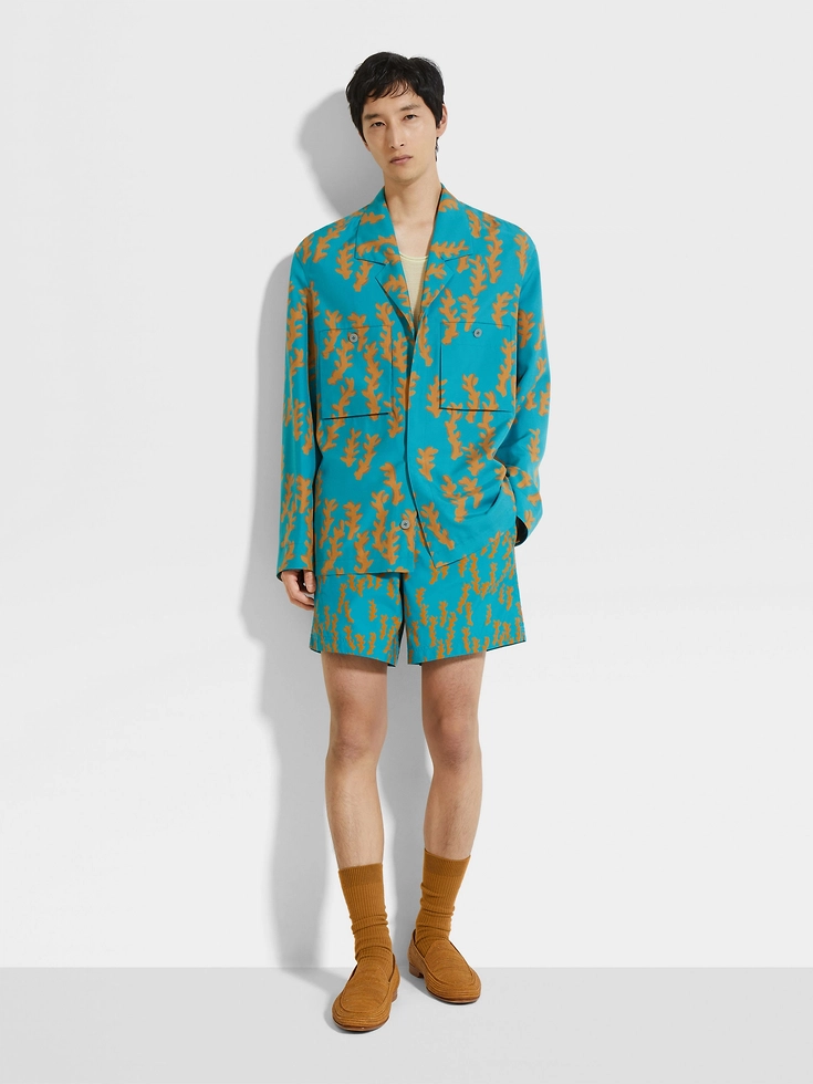 Camicia da notte in seta con stampa Oasi, blu turchese e ocra