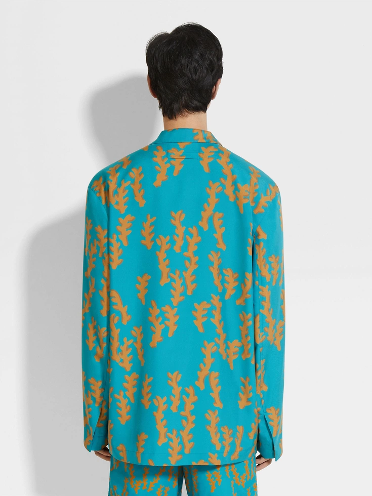 Camicia da notte in seta con stampa Oasi, blu turchese e ocra Camicia da notte in seta con stampa Oasi, blu turchese e ocra