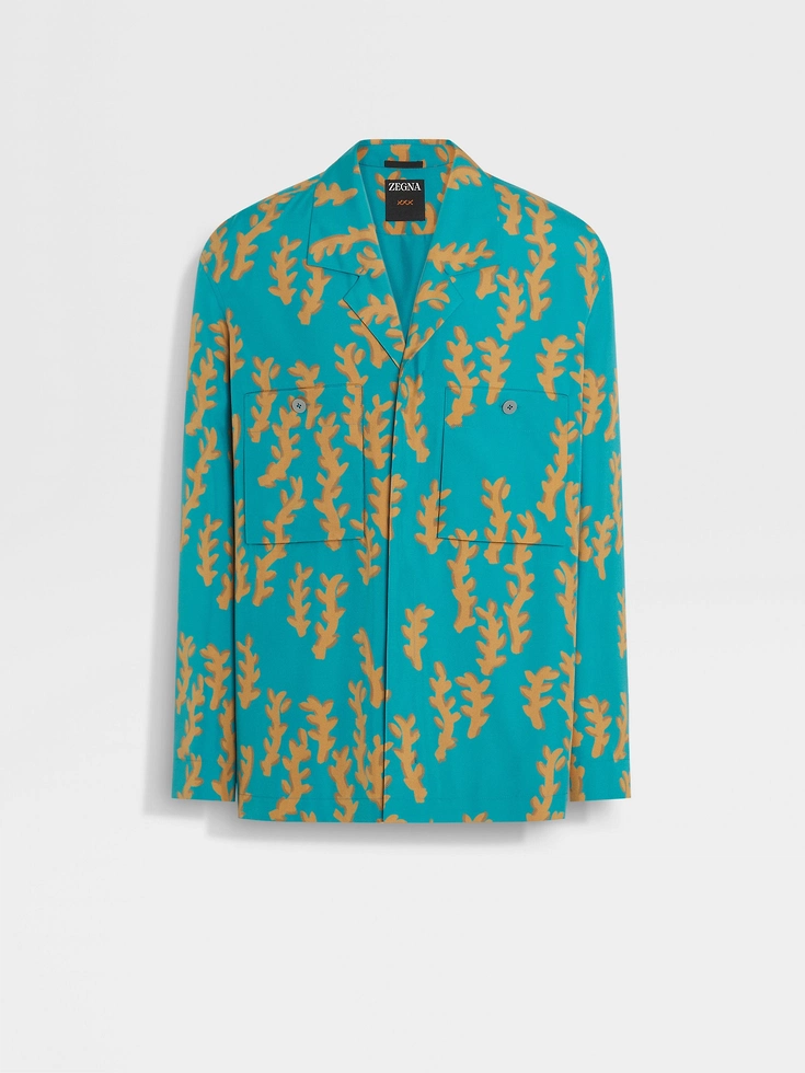 Camicia da notte in seta con stampa Oasi, blu turchese e ocra