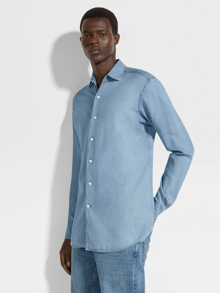 Camicia in denim di cotone e lino sbiancato azzurro chiaro