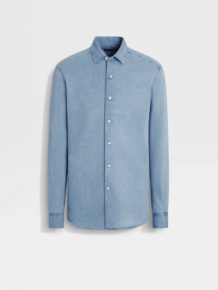Camicia in denim di cotone e lino sbiancato azzurro chiaro