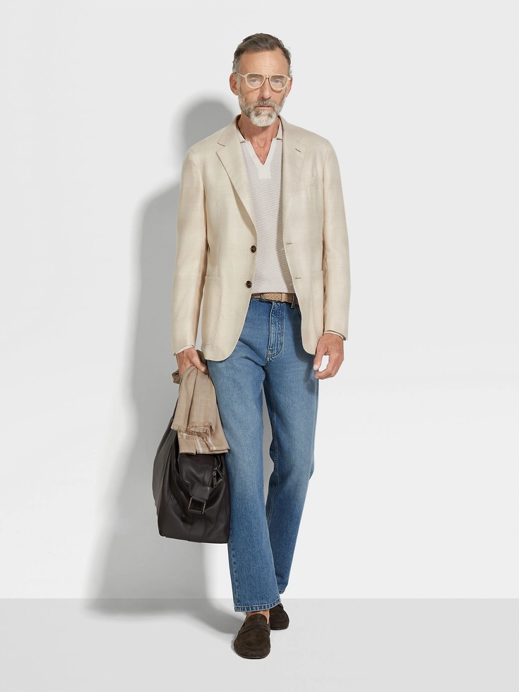 Giacca in cashmere e seta beige chiaro e tortora chiaro