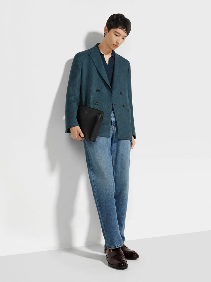 Giacca in cashmere, seta e lino blu acqua