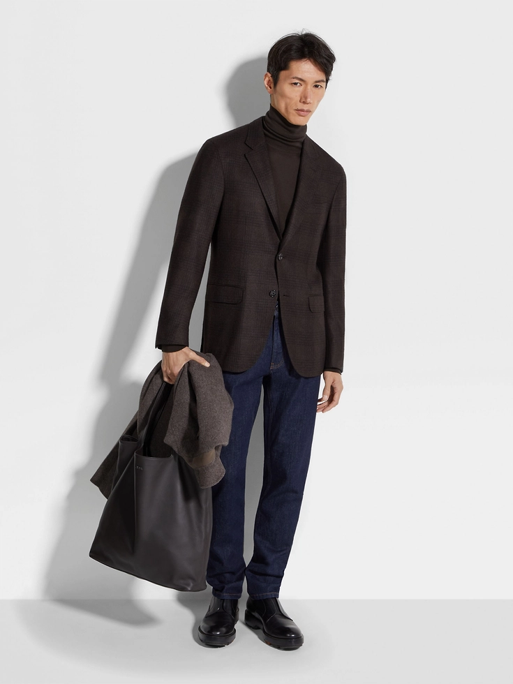 Giacca in seta e cashmere marrone scuro e marrone