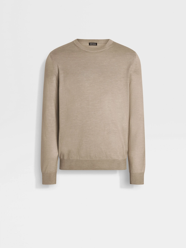 Girocollo in seta, cashmere e lino color tortora chiaro mélange