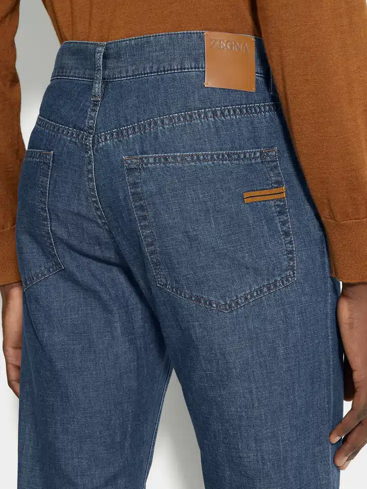 Jeans Roccia in cotone e lino sbiancato blu