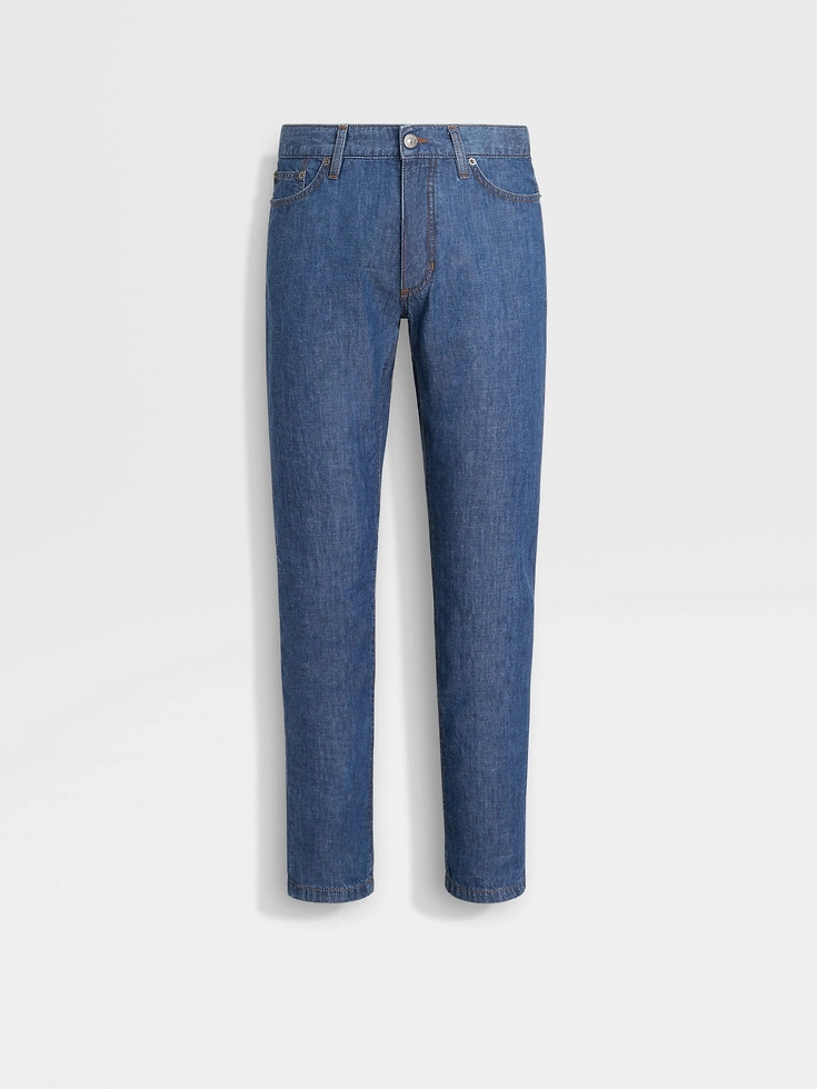 Jeans Roccia in cotone e lino sbiancato blu
