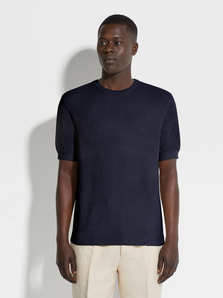 Maglia girocollo in cotone premium blu inchiostro Maglia girocollo in cotone premium blu inchiostro
