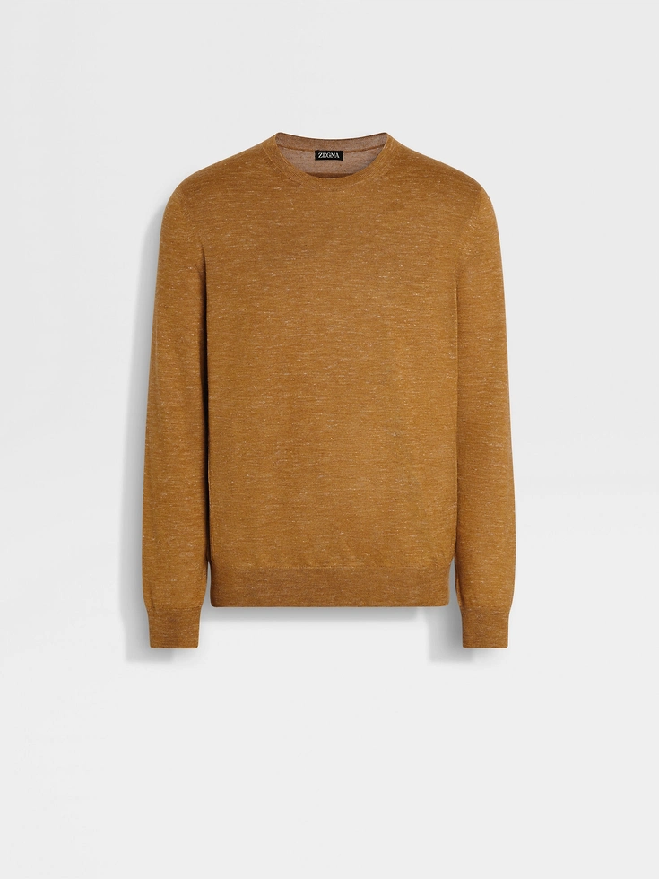 Maglia girocollo in seta, cashmere e lino color ocra mélange