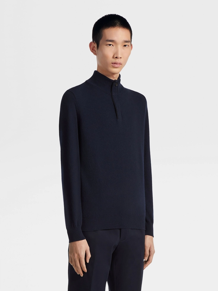 Maglione a collo alto con cerniera in cashmere Oasi blu navy mélange