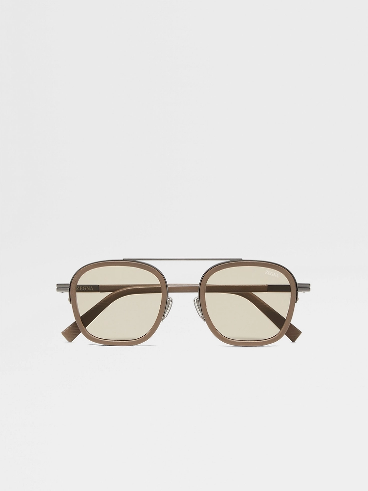 Occhiali da sole Orizzonte I in metallo acetato e pelle beige scuro Occhiali da sole Orizzonte I in metallo acetato e pelle beige scuro