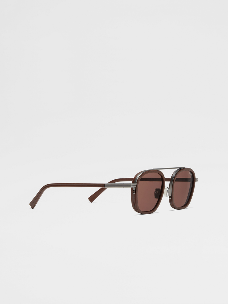 Occhiali da sole Orizzonte I in metallo acetato e pelle marrone scuro Occhiali da sole Orizzonte I in metallo acetato e pelle marrone scuro