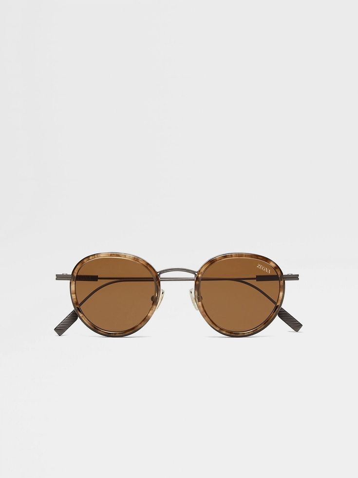 Occhiali da sole in titanio e acetato color marrone Havana