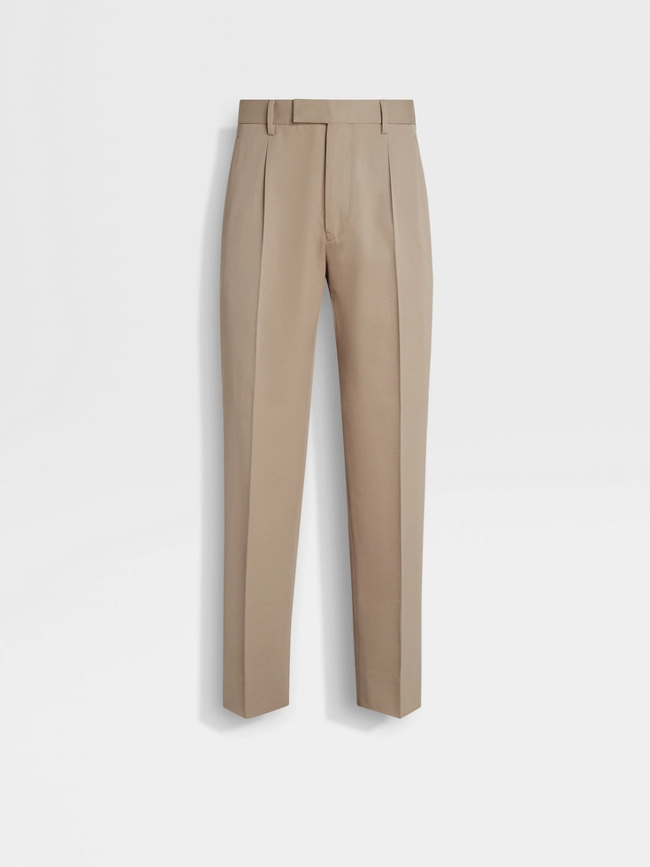 Pantaloni in cotone e lana color tortora chiaro