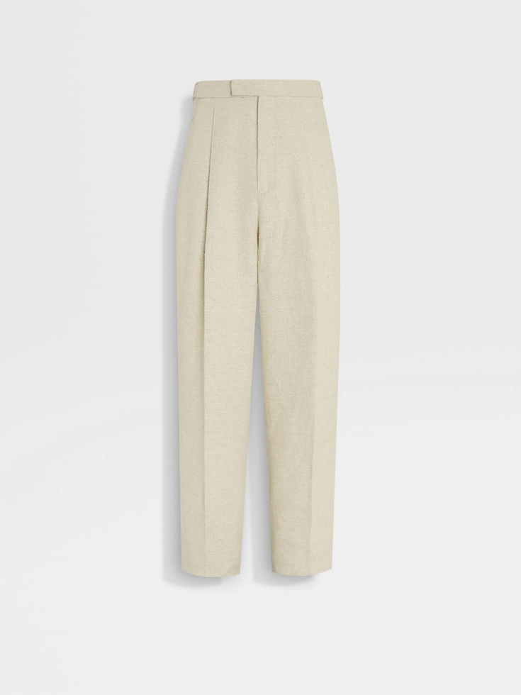 Pantaloni in misto lino e seta beige chiaro
