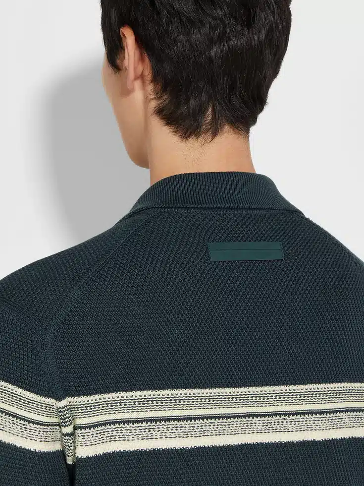 Polo in cotone e seta, blu petrolio scuro, giallo chiaro e bianco