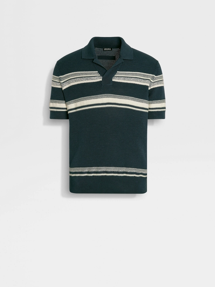 Polo in cotone e seta, blu petrolio scuro, giallo chiaro e bianco