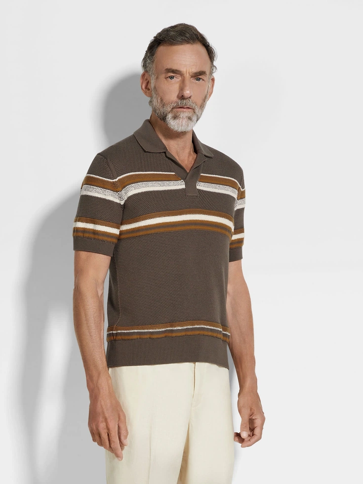 Polo in cotone e seta color ocra e bianco talpa scuro Polo in cotone e seta color ocra e bianco talpa scuro