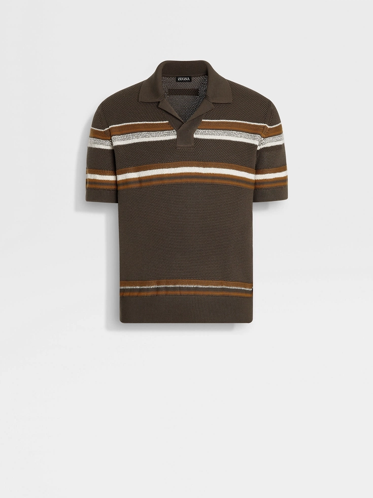 Polo in cotone e seta color ocra e bianco talpa scuro