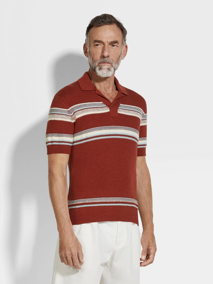 Polo in cotone e seta, rosso mattone, azzurro e bianco Polo in cotone e seta, rosso mattone, azzurro e bianco