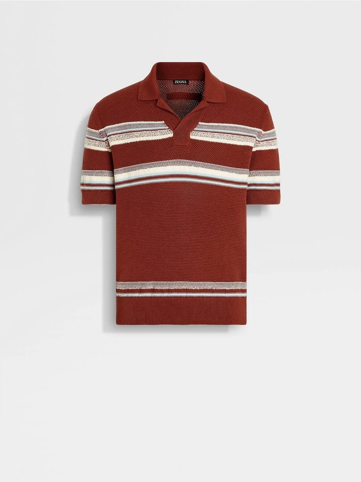 Polo in cotone e seta, rosso mattone, azzurro e bianco Polo in cotone e seta, rosso mattone, azzurro e bianco