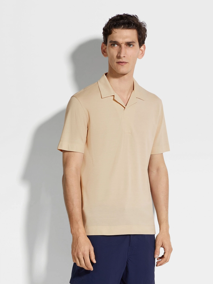 Polo in piquet di seta e cotone beige chiaro Polo in piquet di seta e cotone beige chiaro