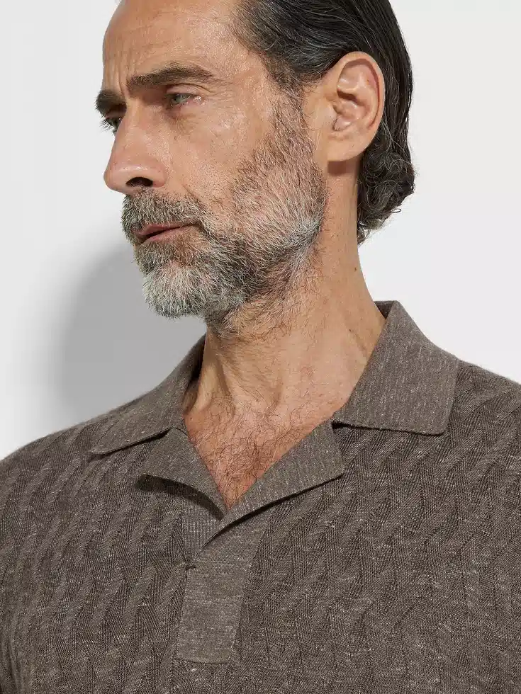 Polo in seta, cashmere e lino color talpa scuro mélange
