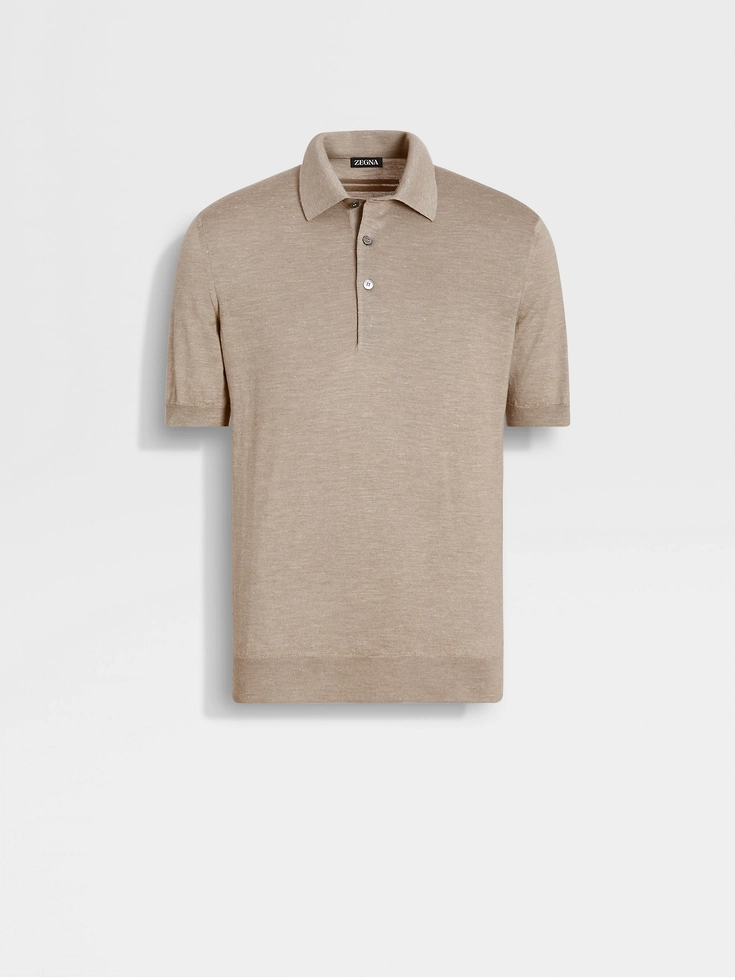 Polo in seta, cashmere e lino color tortora chiaro mélange