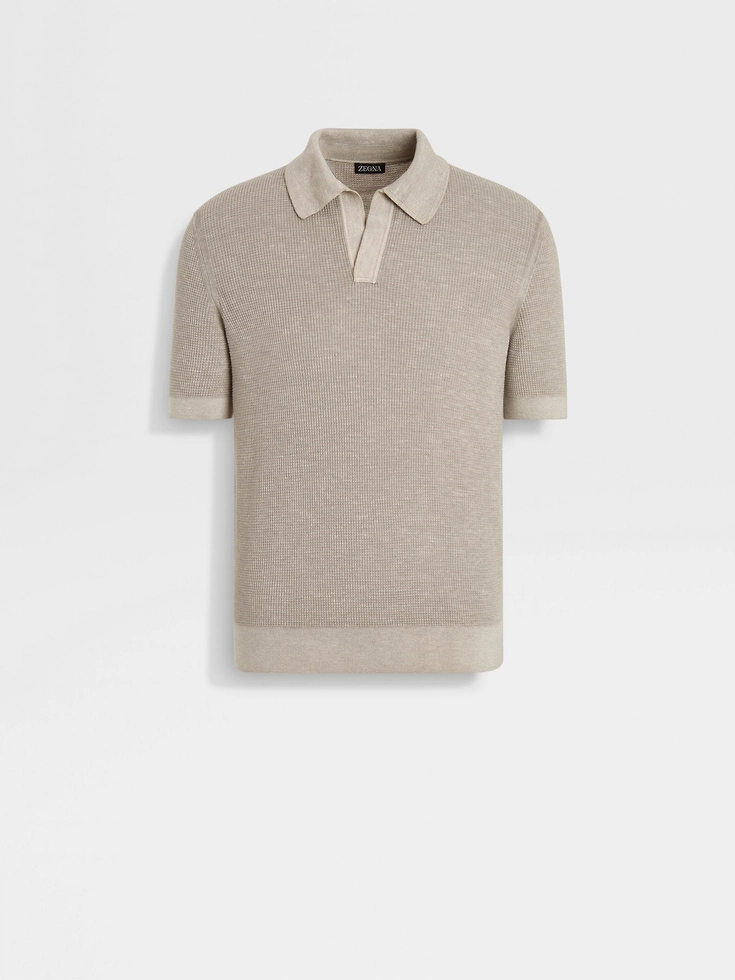 Polo in seta, cashmere e lino color tortora chiaro mélange