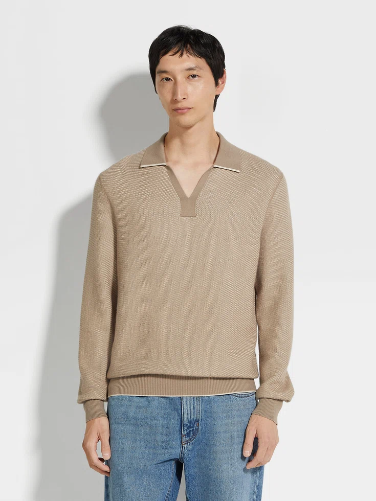 Polo in seta e cashmere color talpa chiaro Polo in seta e cashmere color talpa chiaro