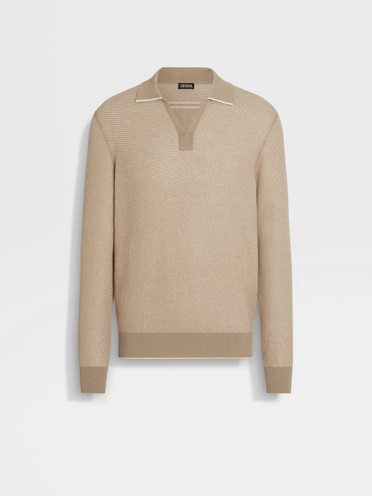Polo in seta e cashmere color talpa chiaro