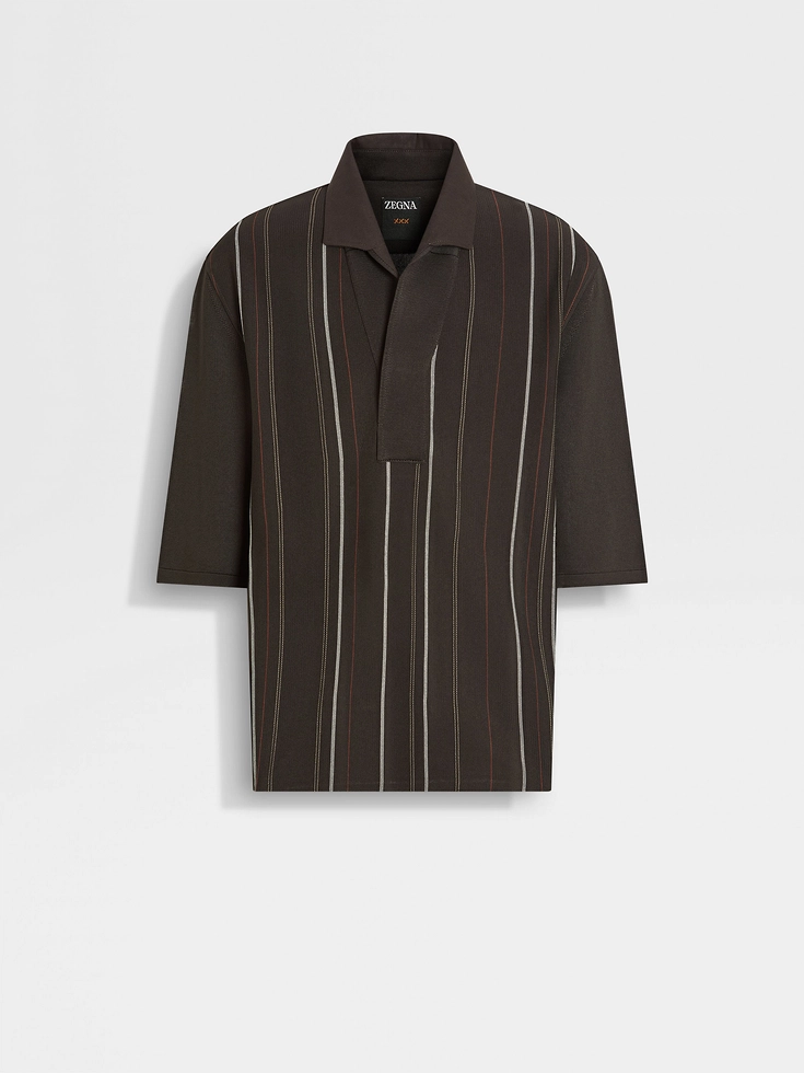 Polo in seta marrone scuro, beige chiaro e verde