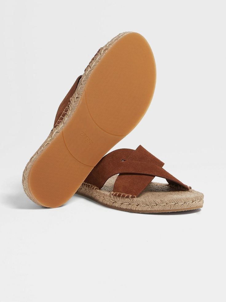 Sandali espadrillas in pelle scamosciata con fogliame scuro