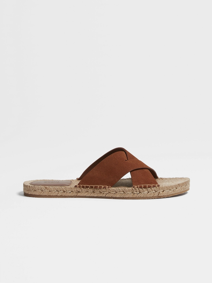 Sandali espadrillas in pelle scamosciata con fogliame scuro