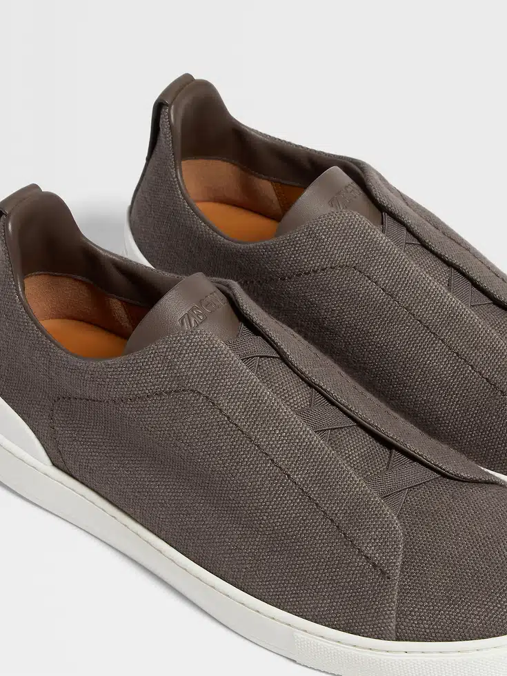 Sneakers Triple Stitch™ in cotone, lino e pelle color talpa scuro