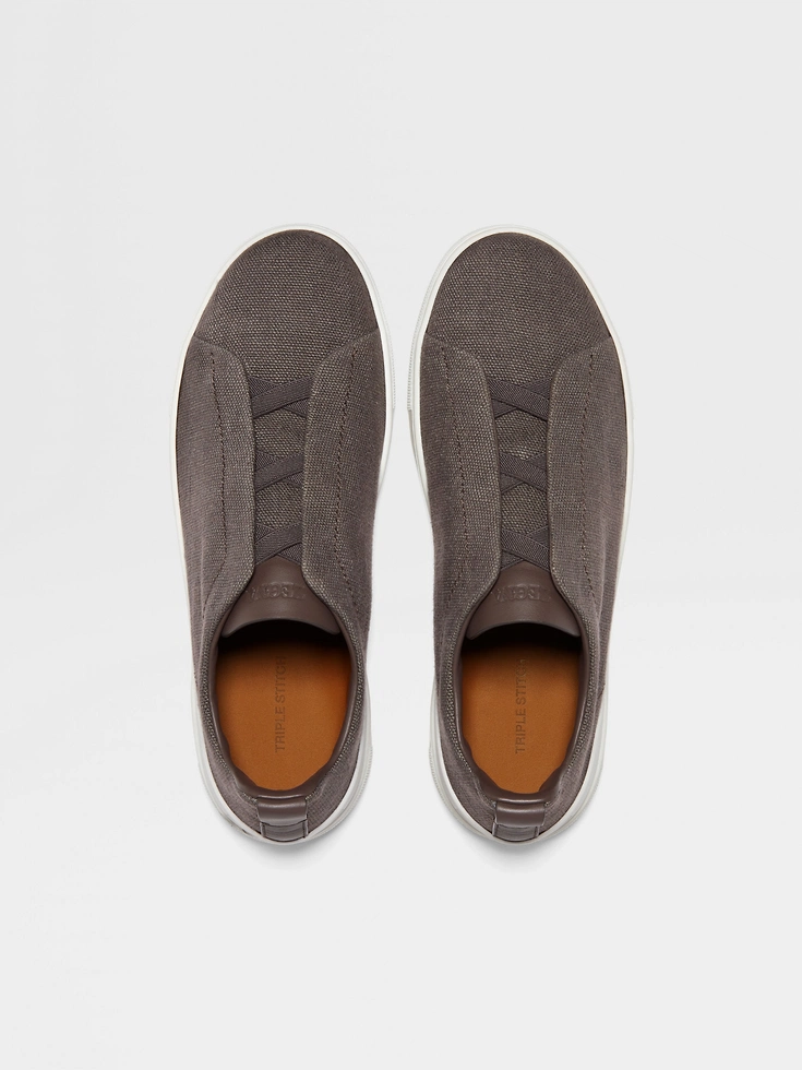 Sneakers Triple Stitch™ in cotone, lino e pelle color talpa scuro Sneakers Triple Stitch™ in cotone, lino e pelle color talpa scuro