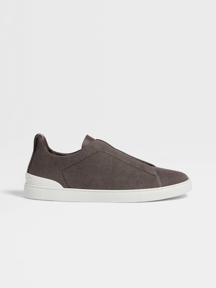Sneakers Triple Stitch™ in cotone, lino e pelle color talpa scuro Sneakers Triple Stitch™ in cotone, lino e pelle color talpa scuro