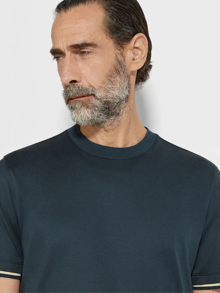 T-shirt in cotone e seta blu petrolio scuro